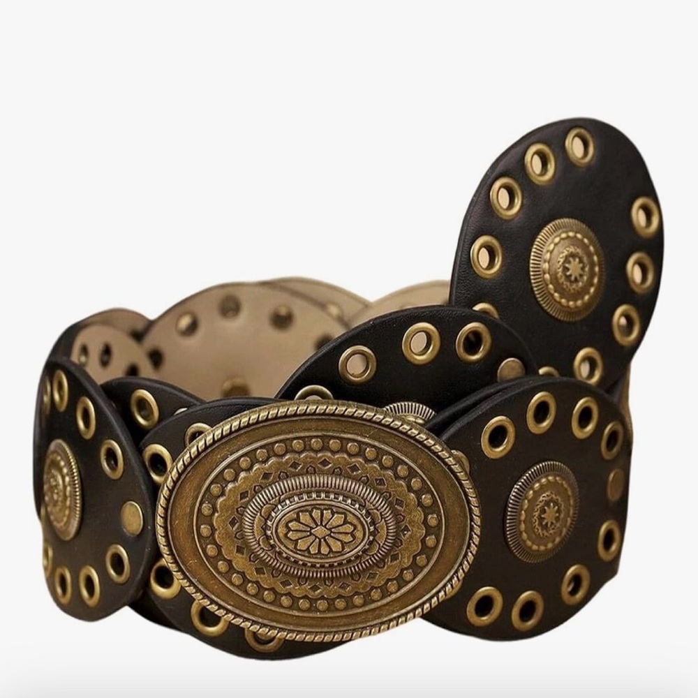 Women’s Western Concho Disc Belt Boho Cowgirl Wide Leather Gold Stud Waist Belt